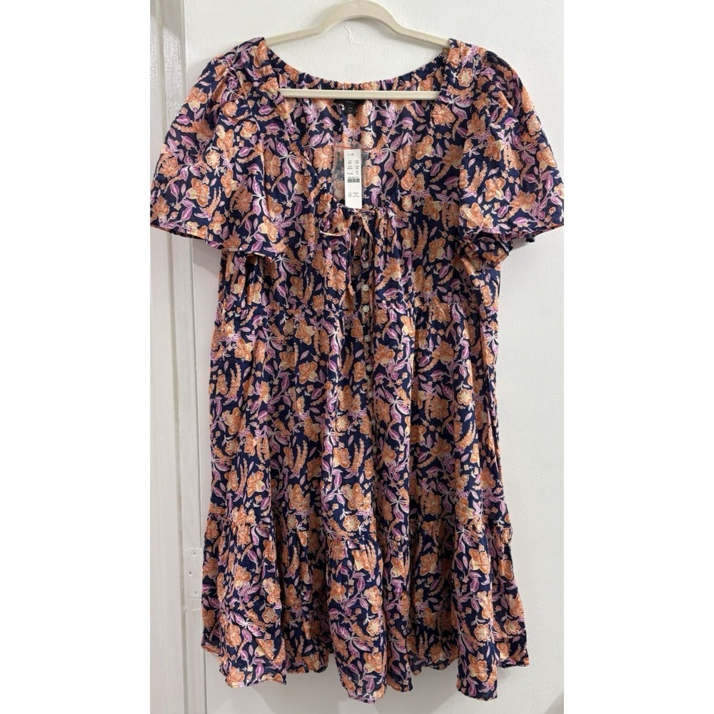 NWT J. Crew 2X Navy Floral Mini Dress Boho Tie Neck Tiered Lightweight Babydoll